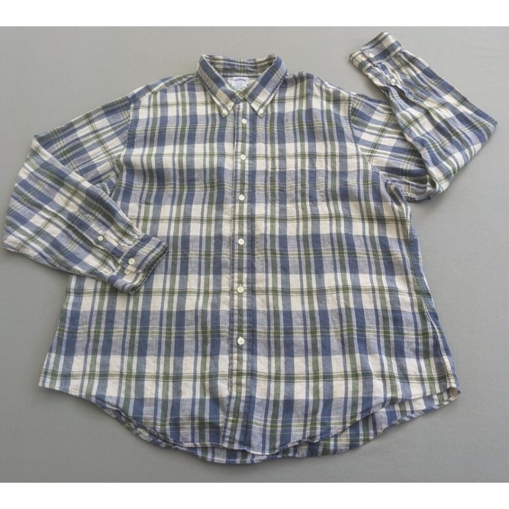 Brooks Brothers Regent Button Shirt Sz 2XL Men Plaid 100%Irish Linen Long Sleeve